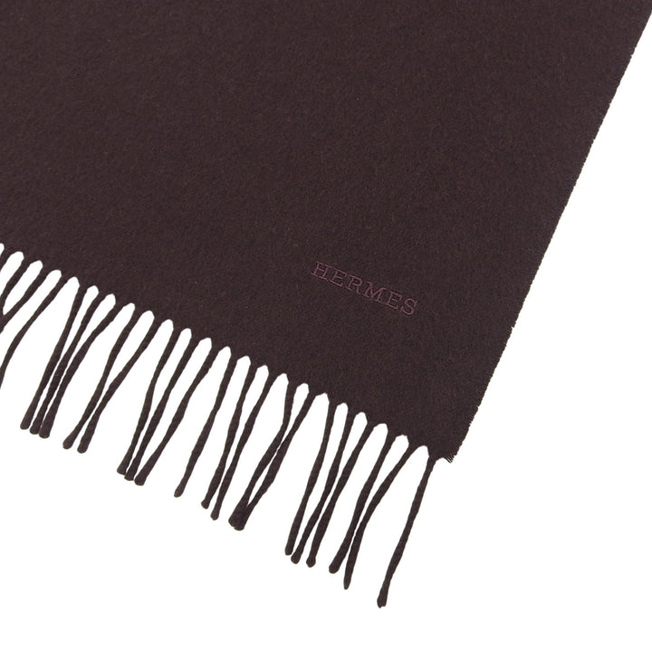Great HERMES Scarf Large shawl with logo embroidery and fringe Brown cashmere