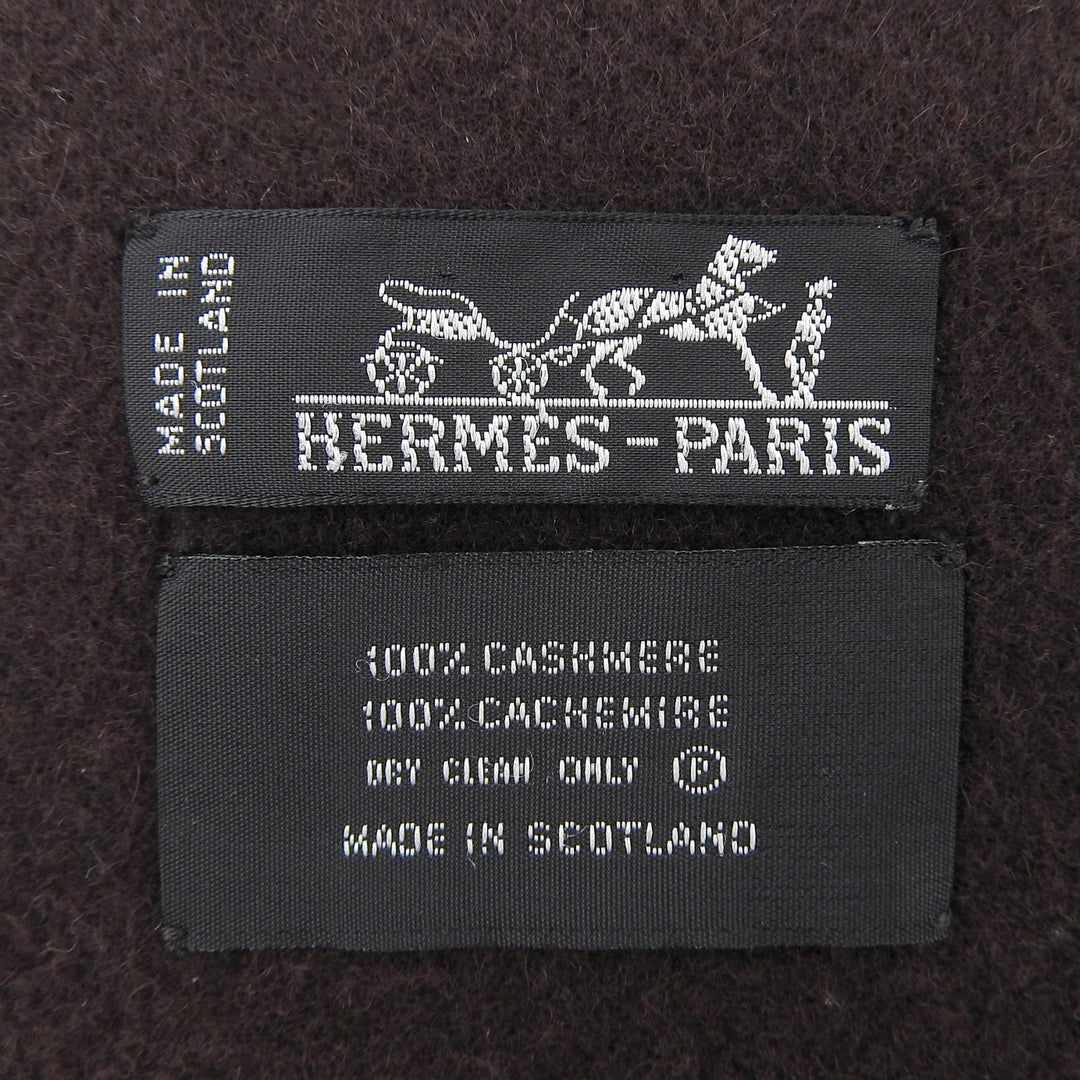 Great HERMES Scarf Large shawl with logo embroidery and fringe Brown cashmere