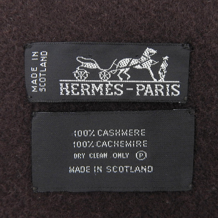 Great HERMES Scarf Large shawl with logo embroidery and fringe Brown cashmere