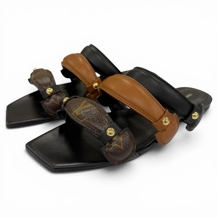 Pristine LOUIS VUITTON Sandals Legacy Line flat black leather Women 39