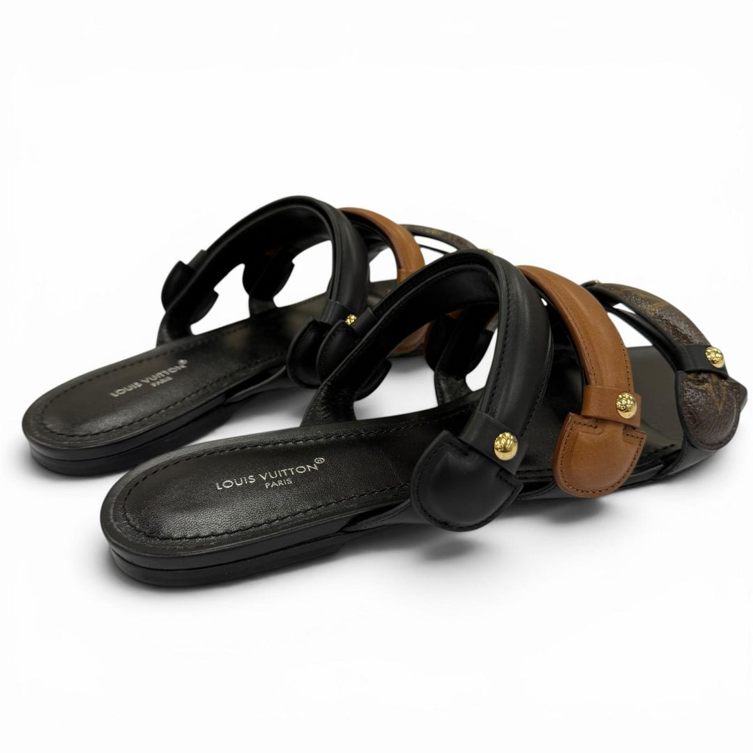 Pristine LOUIS VUITTON Sandals Legacy Line flat black leather Women 39