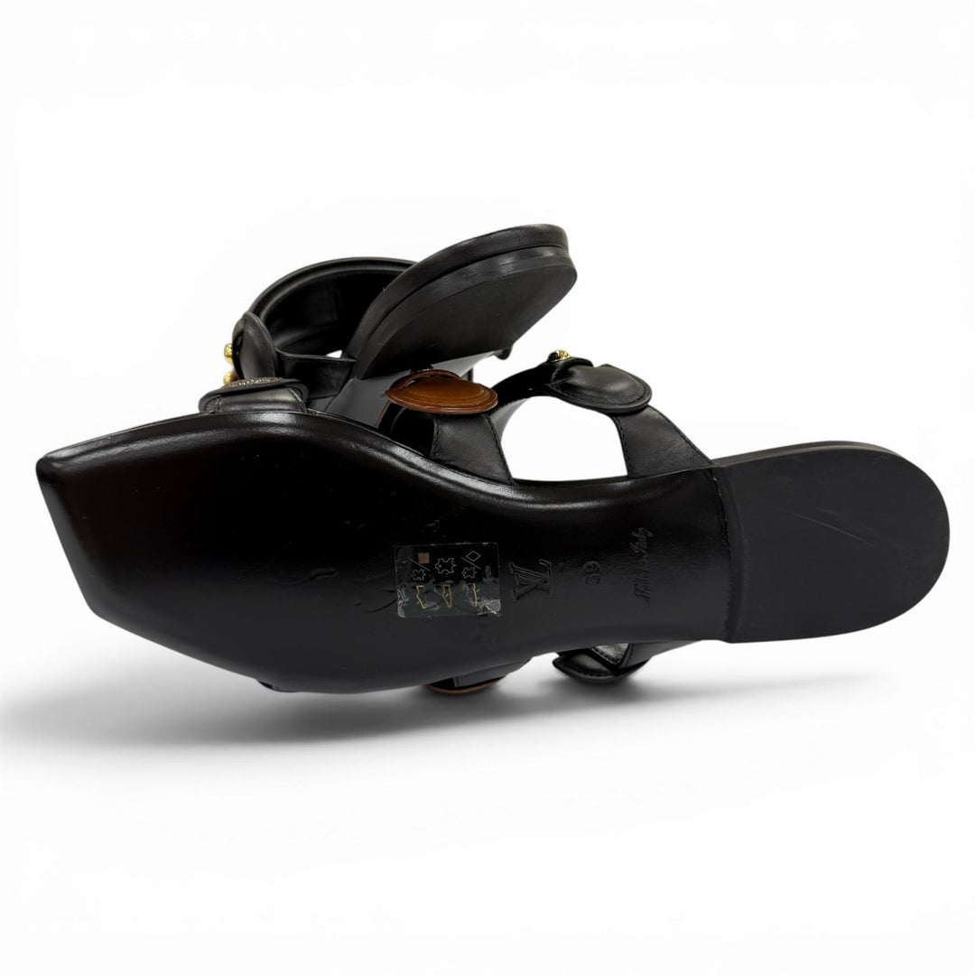 Pristine LOUIS VUITTON Sandals Legacy Line flat black leather Women 39