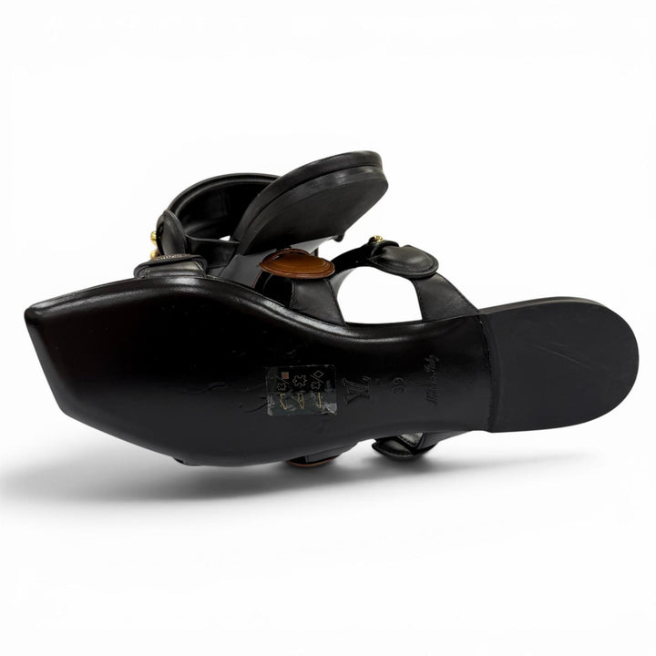 Pristine LOUIS VUITTON Sandals Legacy Line flat black leather Women 39
