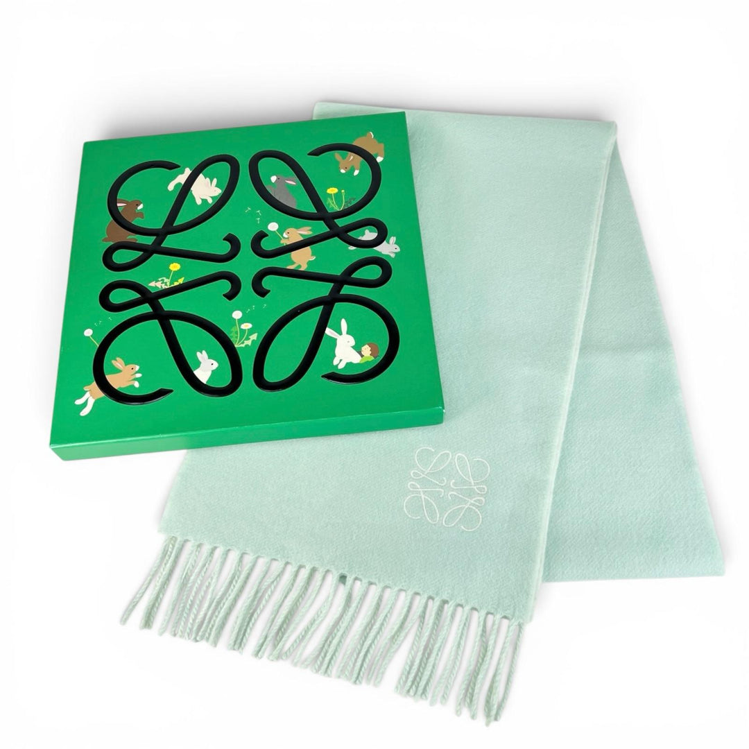 Excellent LOEWE Scarf Anagram embroidery with fringe Mint green Women F810250X01