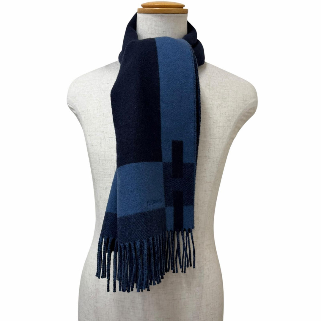 Excellent HERMES Scarf H Passant Shawl Stole Navy cashmere mens
