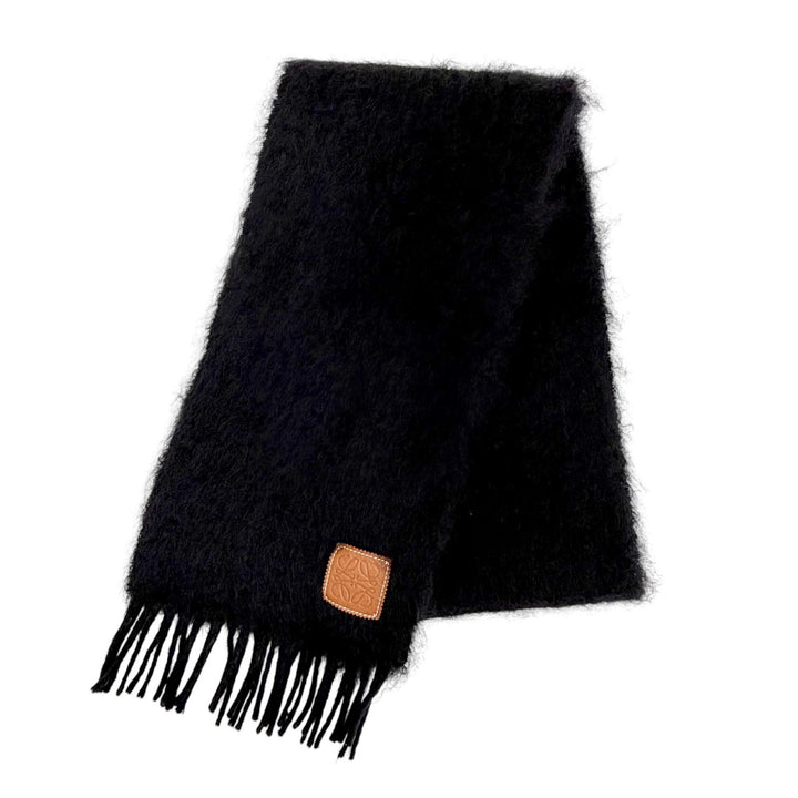 Very Good LOEWE Scarf Anagram Leather Patch Fringe Long black mohair Women