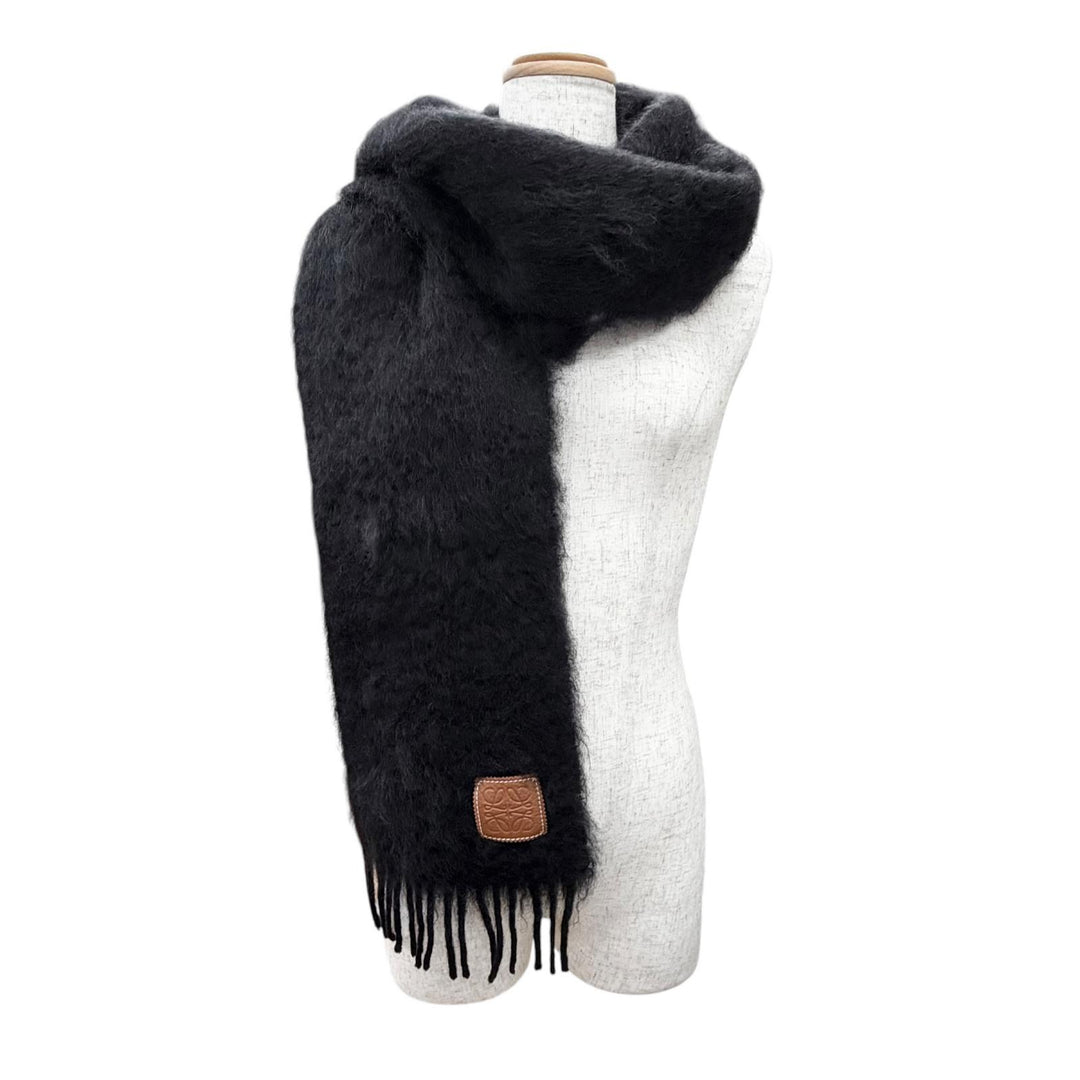 Very Good LOEWE Scarf Anagram Leather Patch Fringe Long black mohair Women