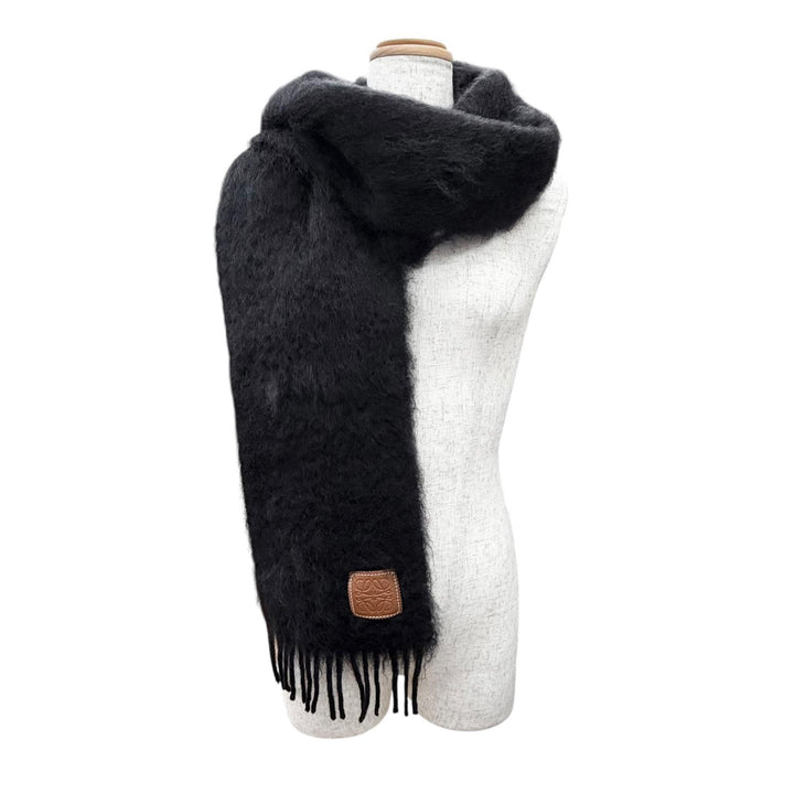 Very Good LOEWE Scarf Anagram Leather Patch Fringe Long black mohair Women