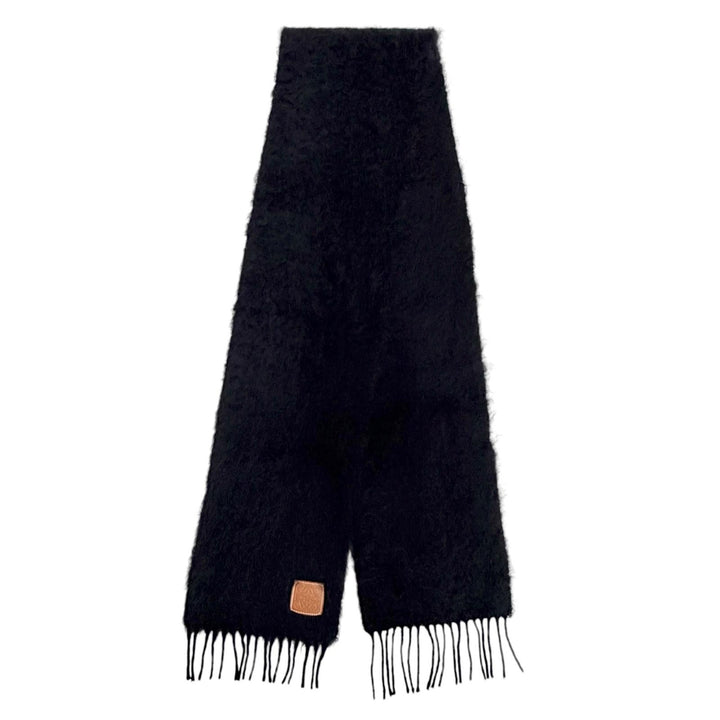 Very Good LOEWE Scarf Anagram Leather Patch Fringe Long black mohair Women