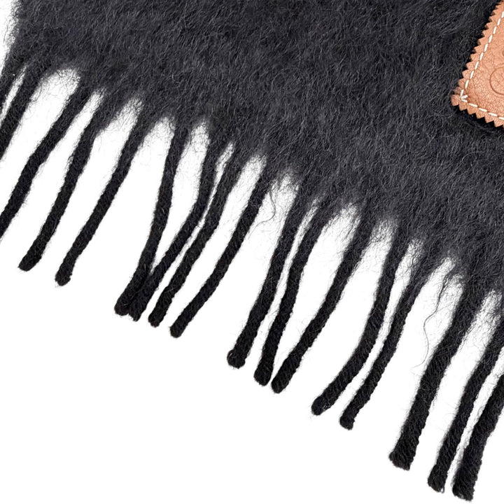 Very Good LOEWE Scarf Anagram Leather Patch Fringe Long black mohair Women
