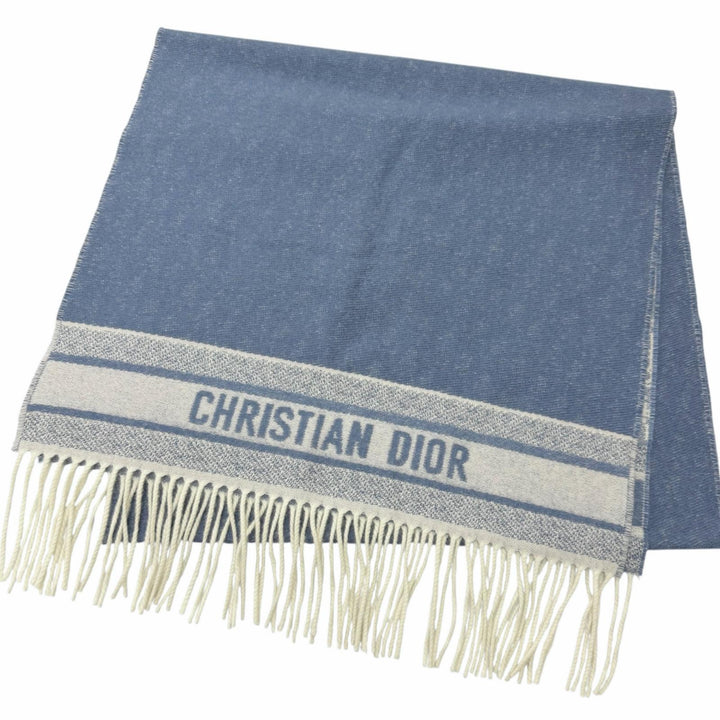 Excellent Christian Dior Scarf Oblique patterned fringe large shawl blue