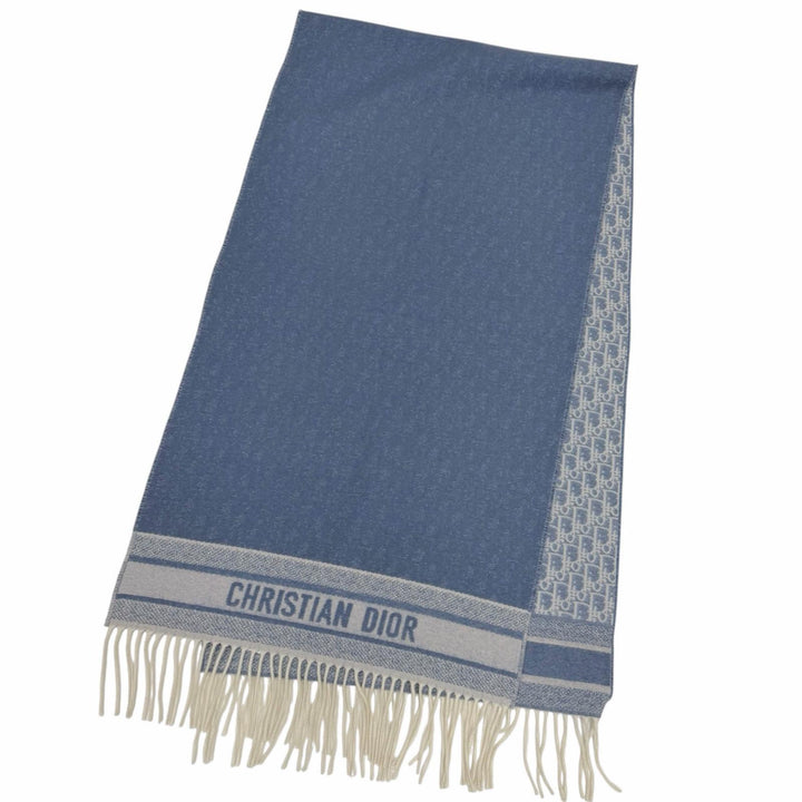 Excellent Christian Dior Scarf Oblique patterned fringe large shawl blue