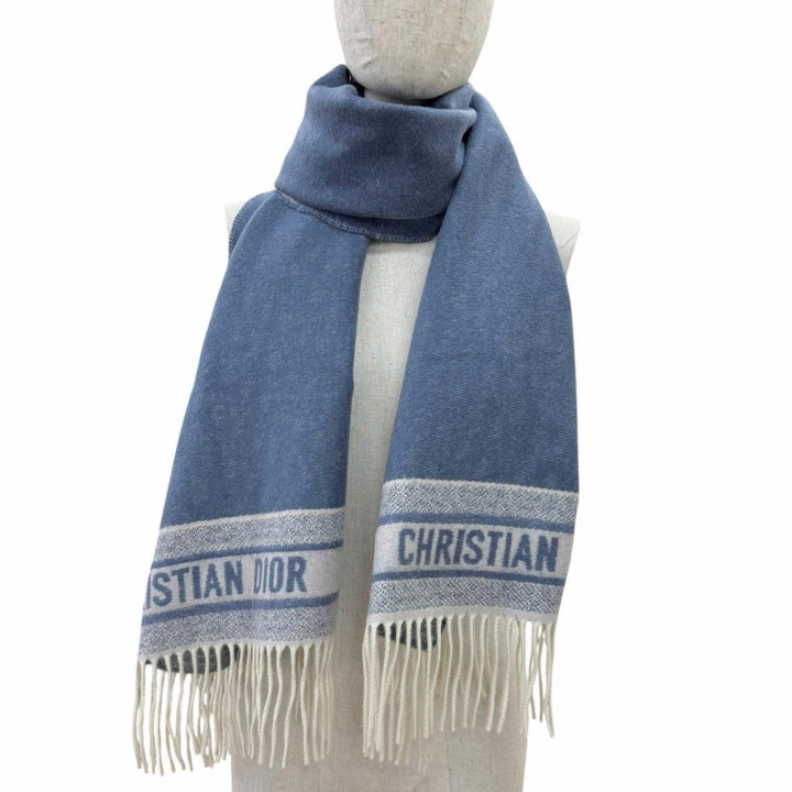 Excellent Christian Dior Scarf Oblique patterned fringe large shawl blue