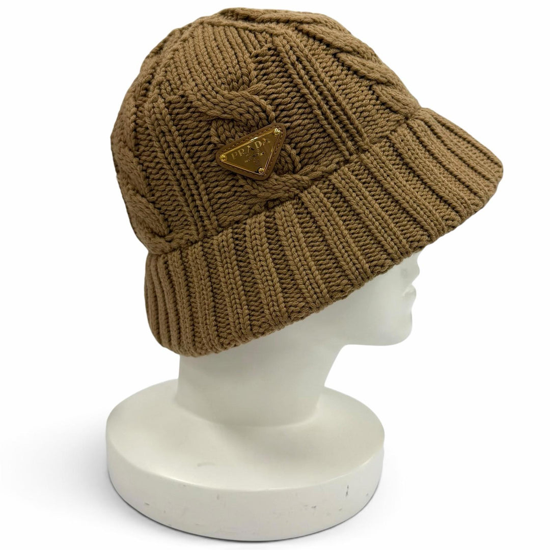 Great PRADA hat Wool Bucket Hat Triangle logo cable knit Virgin wool M 1HC338