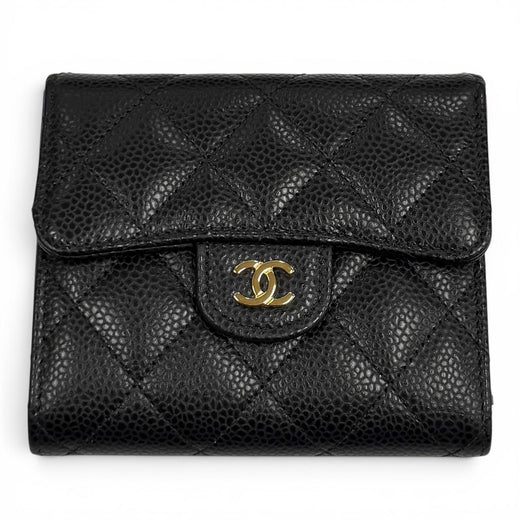 Excellent CHANEL Tri-fold wallet Caviar Skin Matelassé Classic Small Flap Wallet