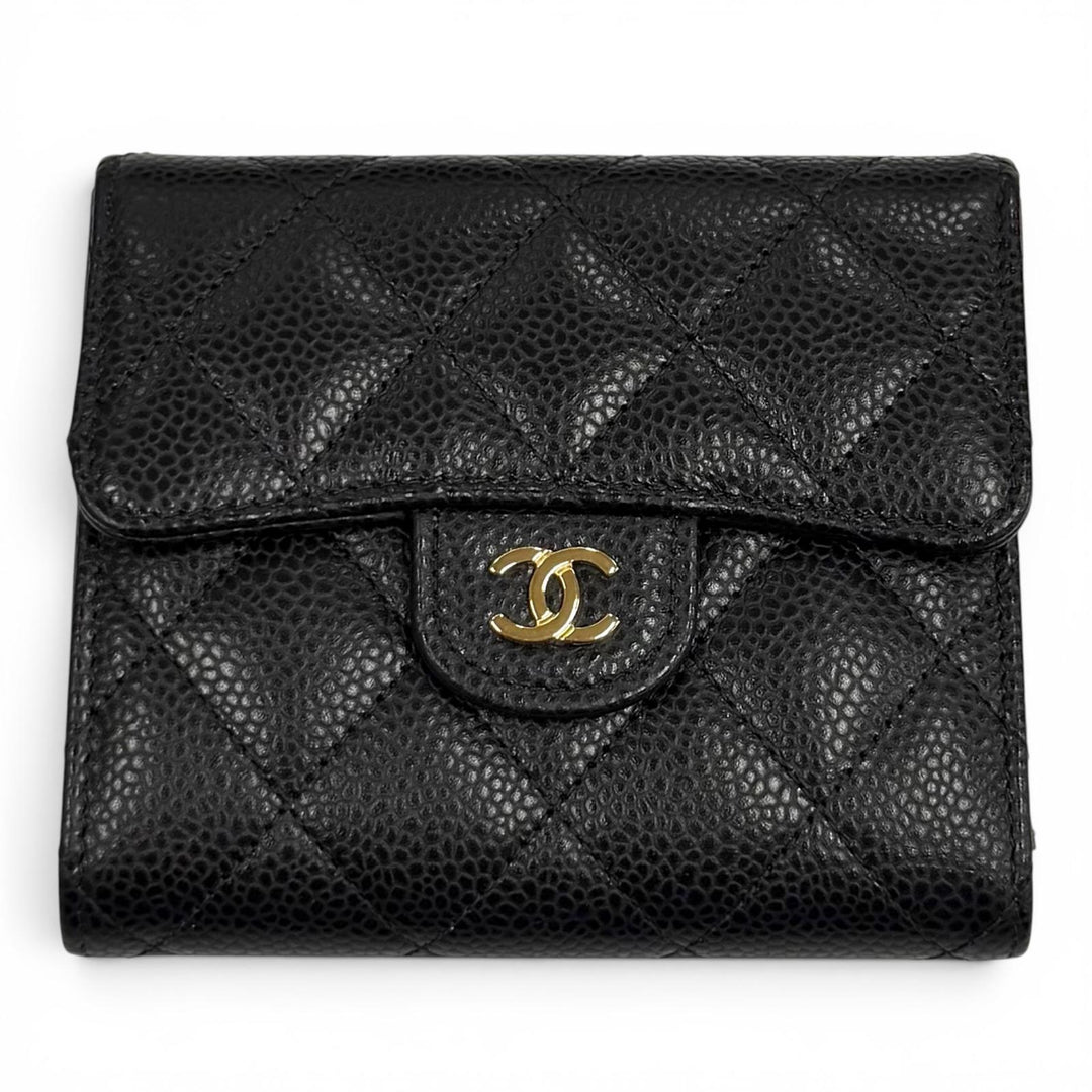 Excellent CHANEL Tri-fold wallet Caviar Skin Matelassé Classic Small Flap Wallet