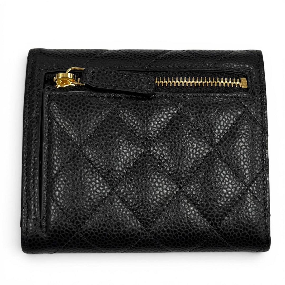 Excellent CHANEL Tri-fold wallet Caviar Skin Matelassé Classic Small Flap Wallet
