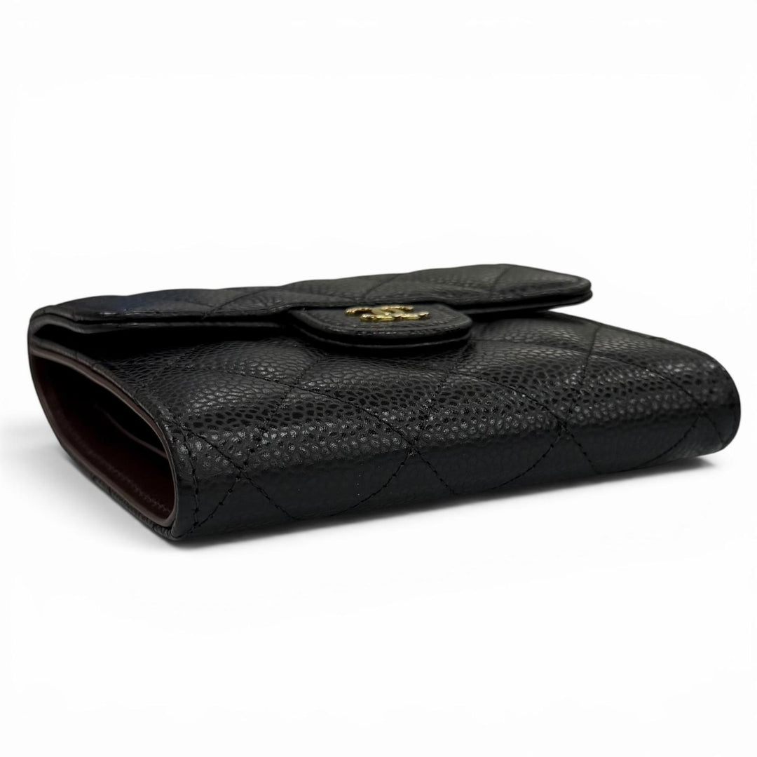 Excellent CHANEL Tri-fold wallet Caviar Skin Matelassé Classic Small Flap Wallet