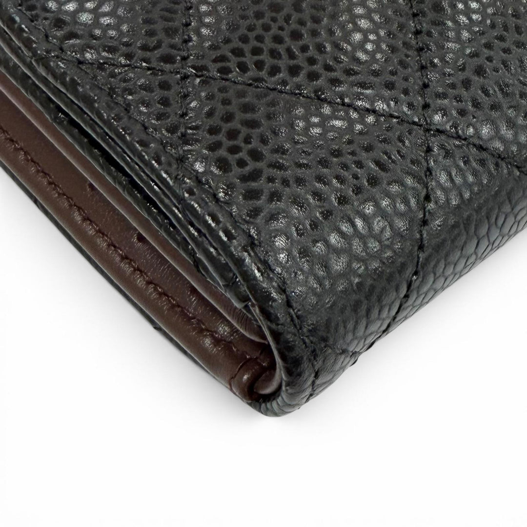Excellent CHANEL Tri-fold wallet Caviar Skin Matelassé Classic Small Flap Wallet