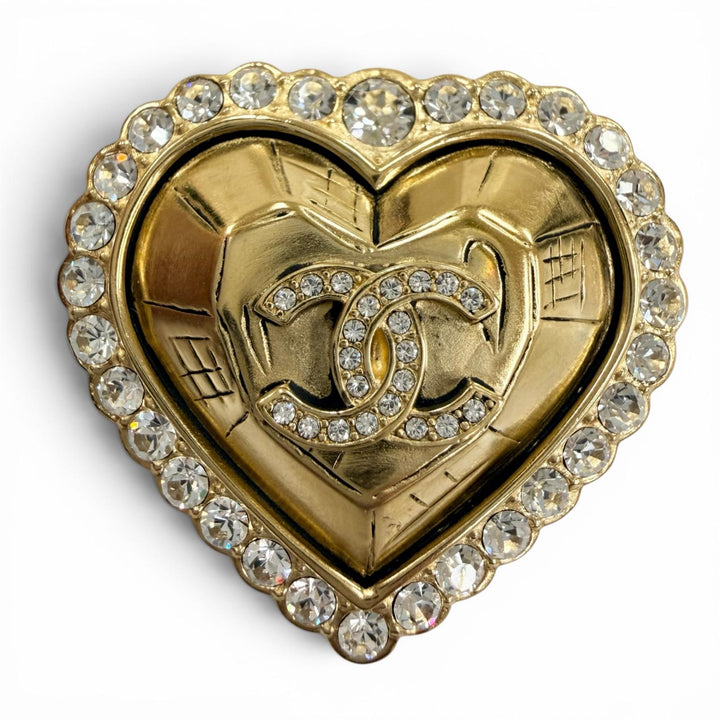 Excellent CHANEL Brooch COCO Mark Heart Rhinestone gold Women L25K