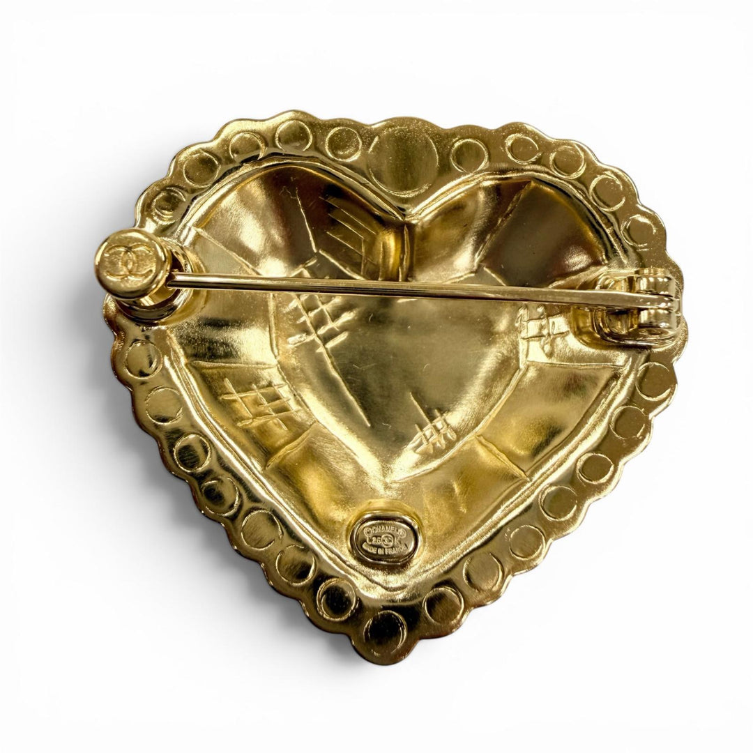 Excellent CHANEL Brooch COCO Mark Heart Rhinestone gold Women L25K