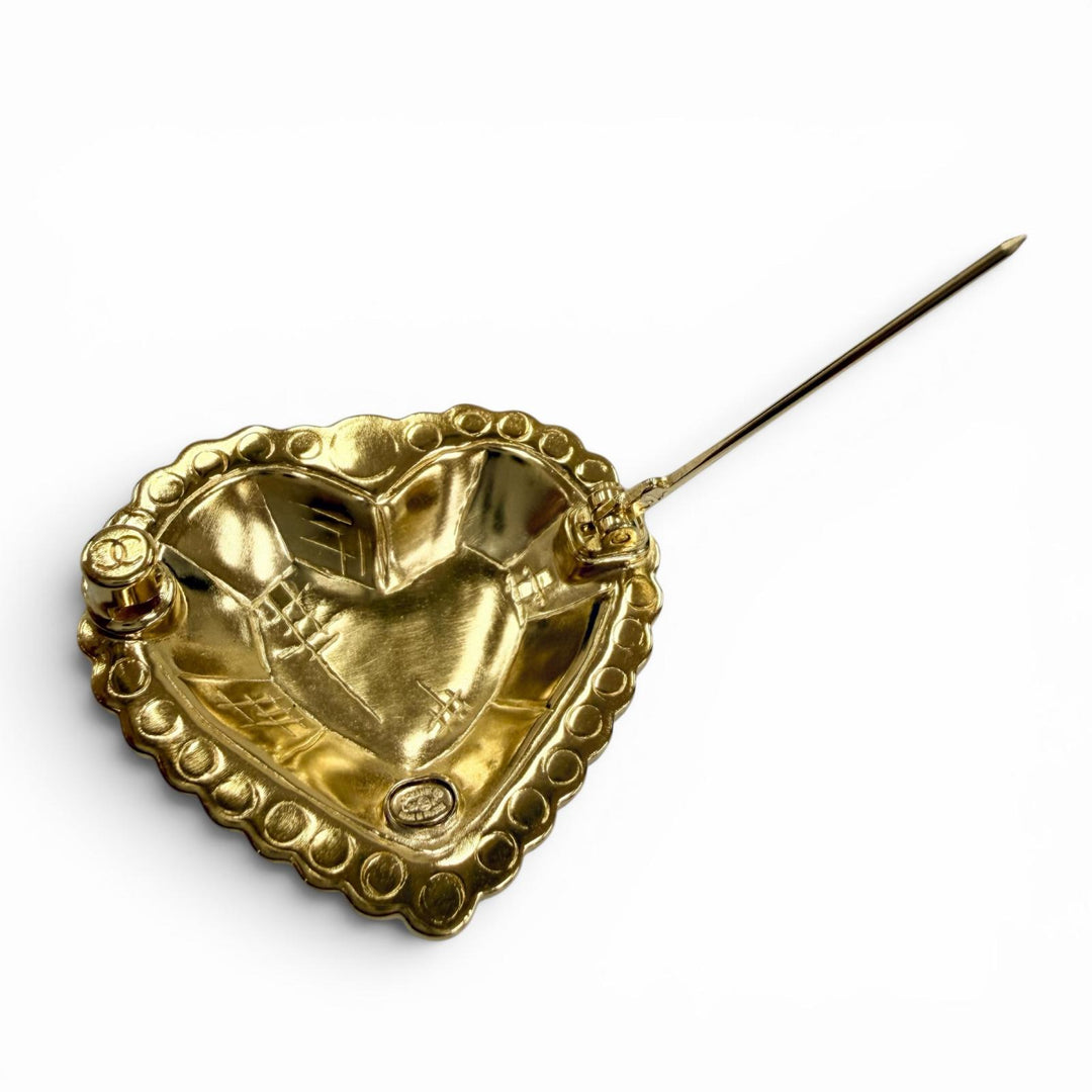 Excellent CHANEL Brooch COCO Mark Heart Rhinestone gold Women L25K