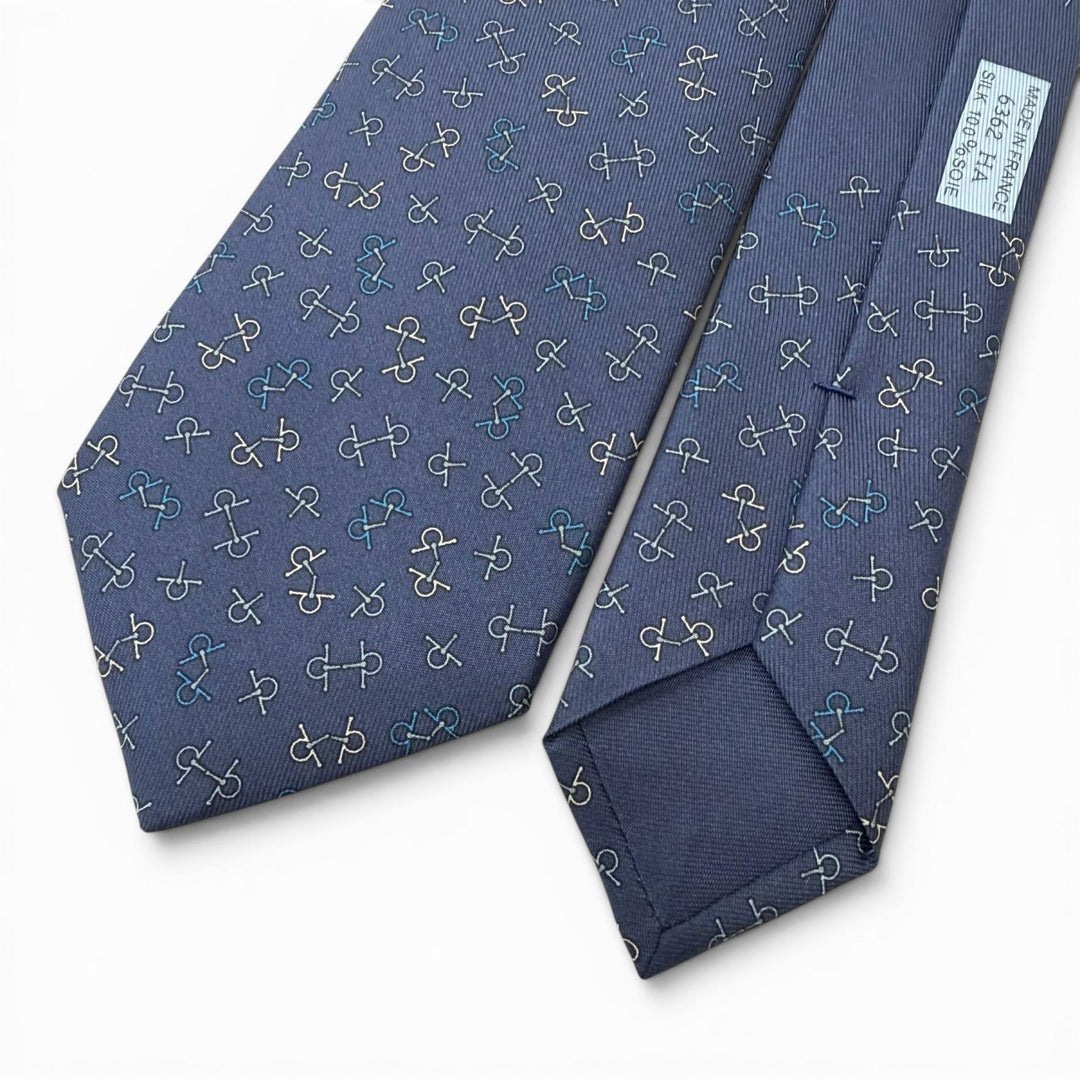 Excellent HERMES tie Horsebit pattern regular tie blue silk mens 6362HA
