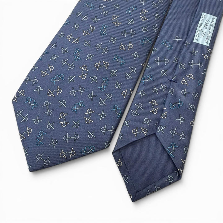 Excellent HERMES tie Horsebit pattern regular tie blue silk mens 6362HA