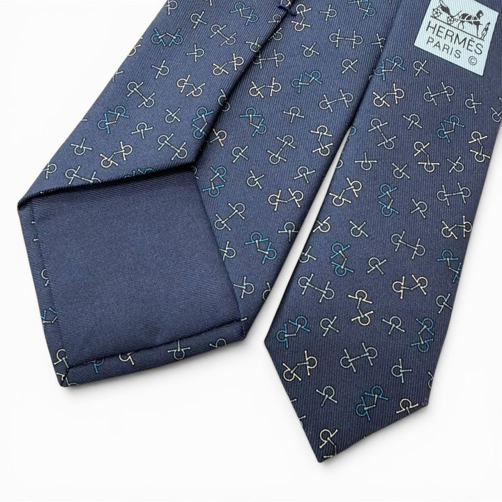 Excellent HERMES tie Horsebit pattern regular tie blue silk mens 6362HA