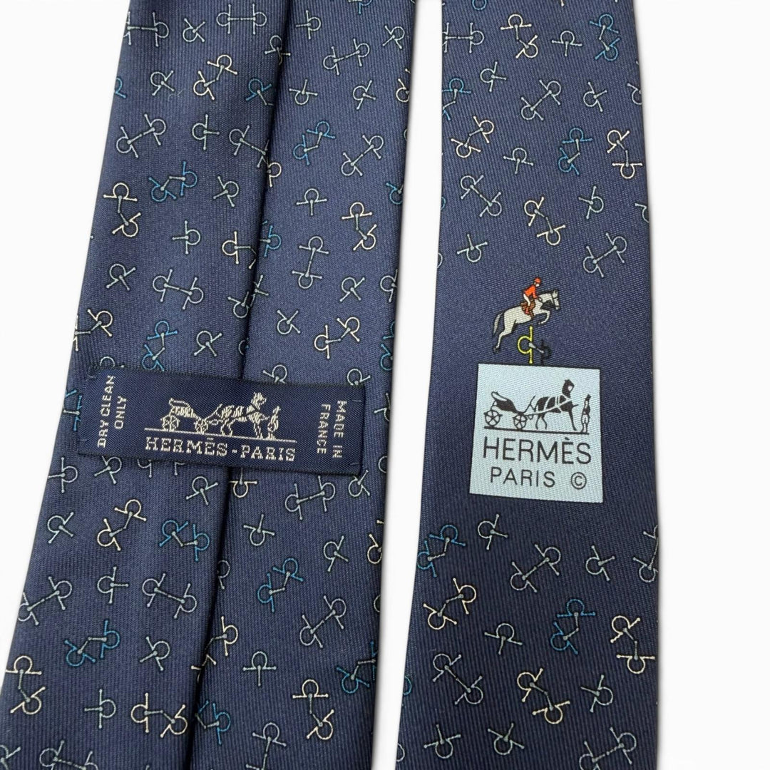Excellent HERMES tie Horsebit pattern regular tie blue silk mens 6362HA