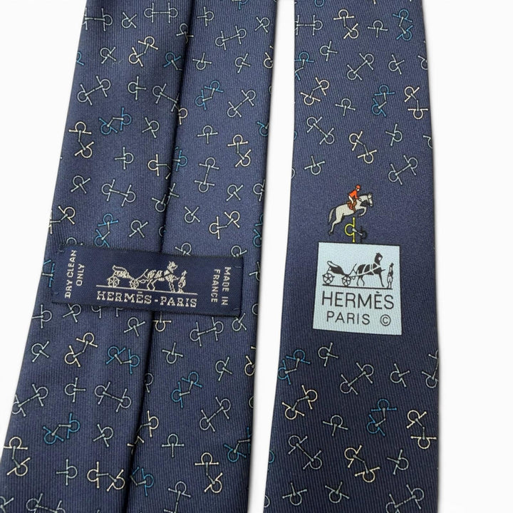 Excellent HERMES tie Horsebit pattern regular tie blue silk mens 6362HA