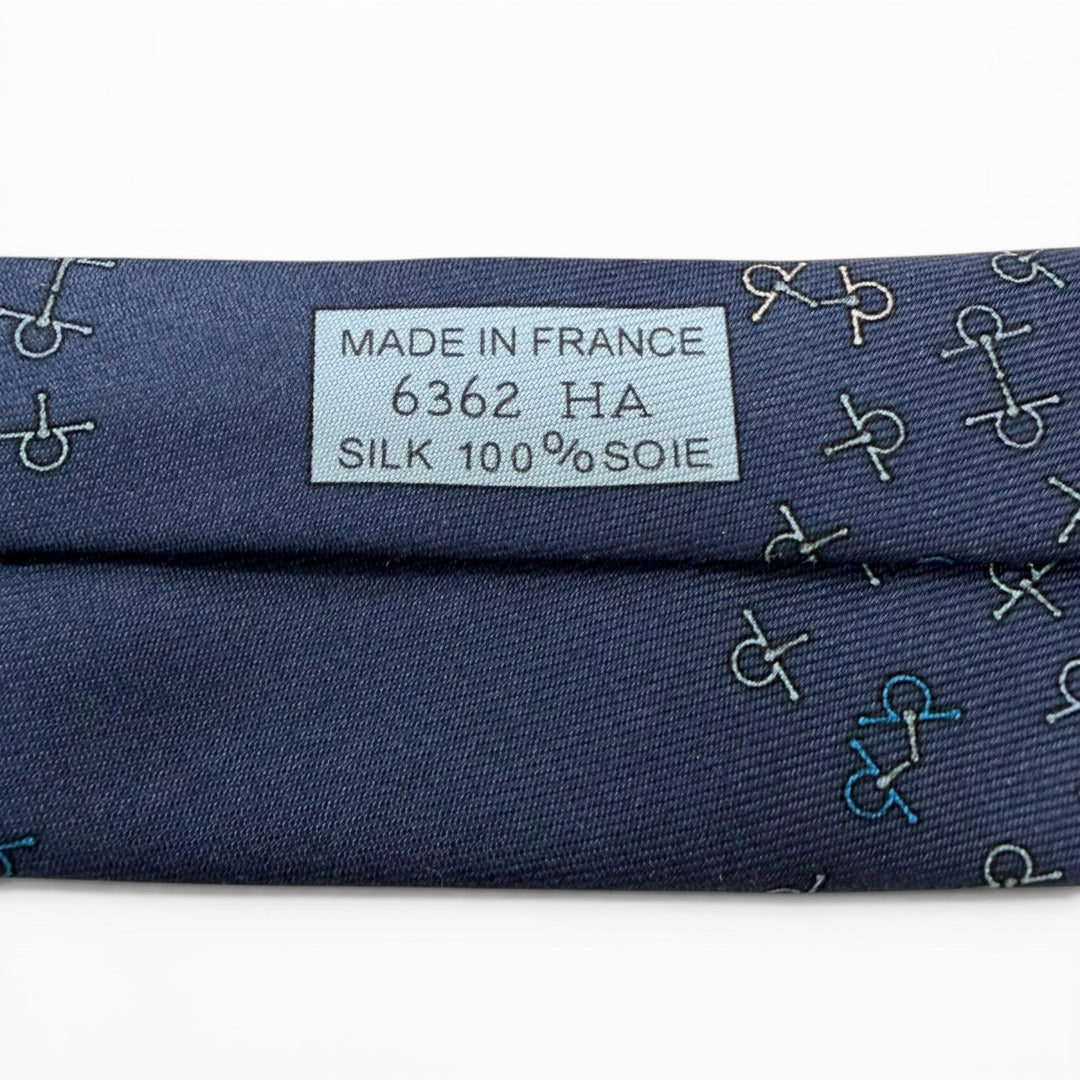 Excellent HERMES tie Horsebit pattern regular tie blue silk mens 6362HA