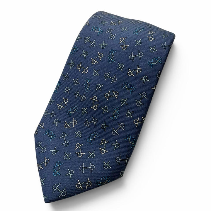 Excellent HERMES tie Horsebit pattern regular tie blue silk mens 6362HA
