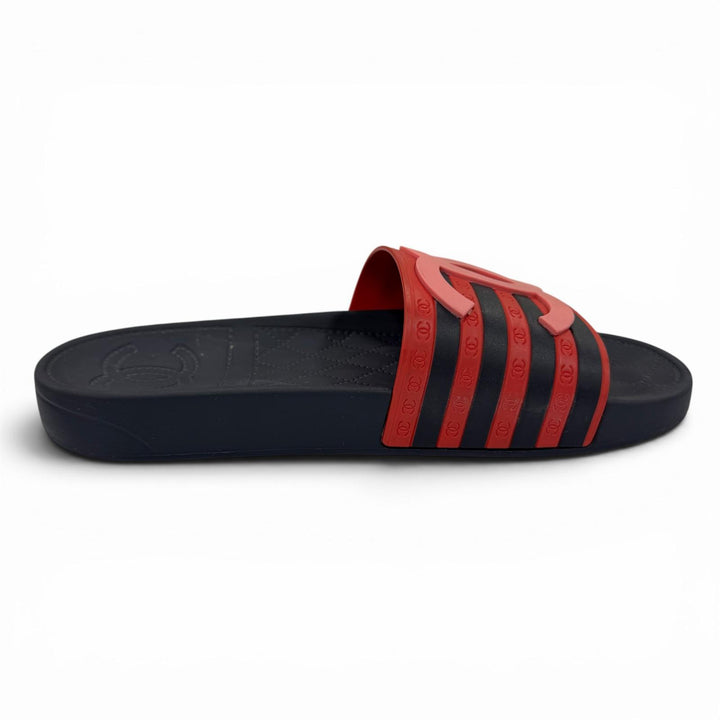 Great CHANEL Sandals COCO Mark Border Pattern Rubber Slides Red Women 37 G33611
