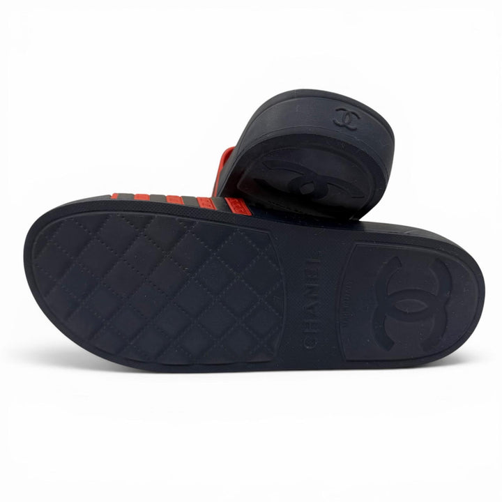 Great CHANEL Sandals COCO Mark Border Pattern Rubber Slides Red Women 37 G33611