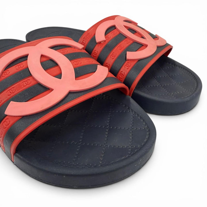 Great CHANEL Sandals COCO Mark Border Pattern Rubber Slides Red Women 37 G33611