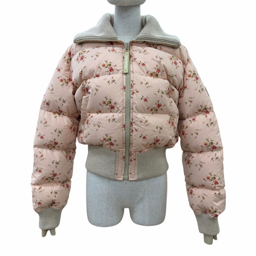 Great LOUIS VUITTON Down jacket Floral print LV leather patch Pink Women 34