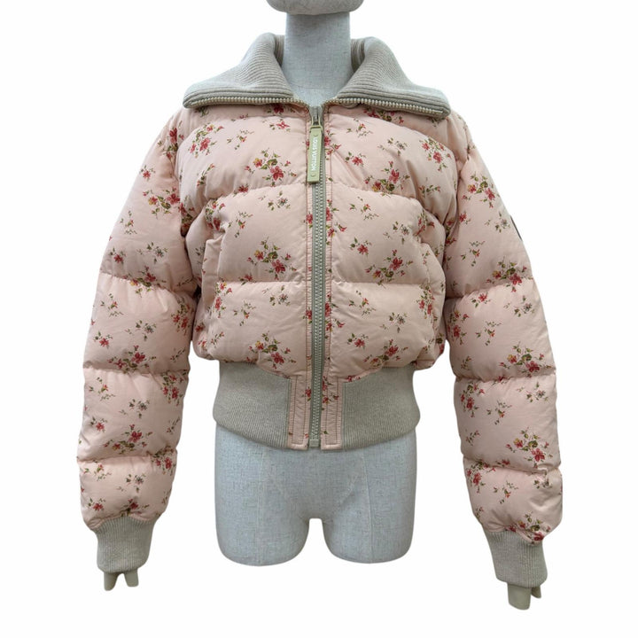 Great LOUIS VUITTON Down jacket Floral print LV leather patch Pink Women 34