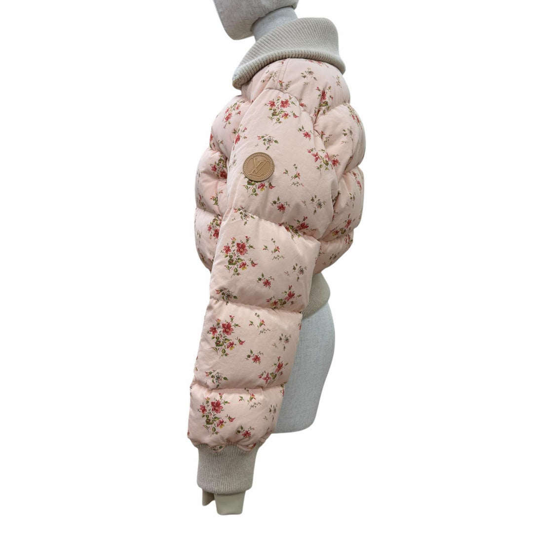 Great LOUIS VUITTON Down jacket Floral print LV leather patch Pink Women 34
