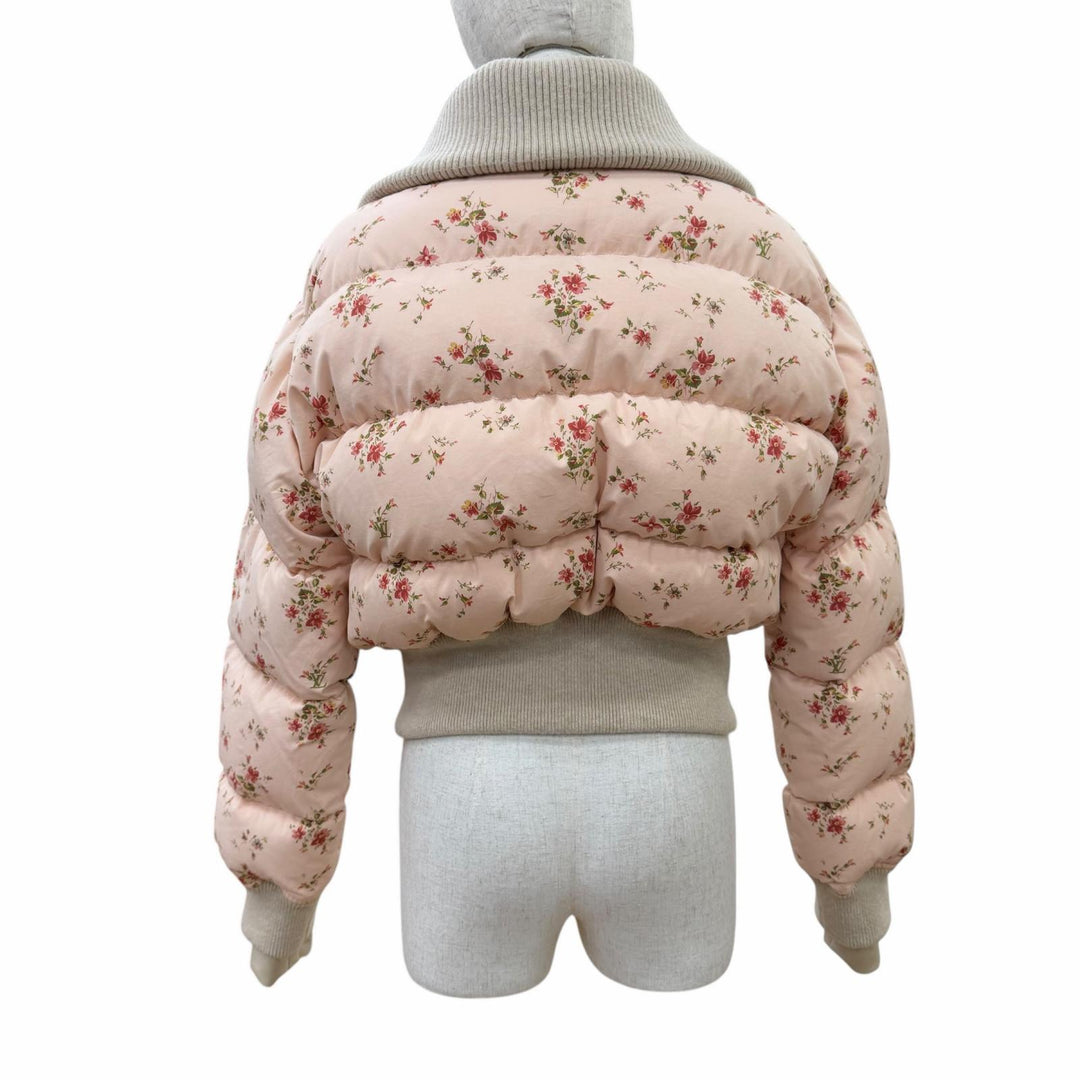 Great LOUIS VUITTON Down jacket Floral print LV leather patch Pink Women 34