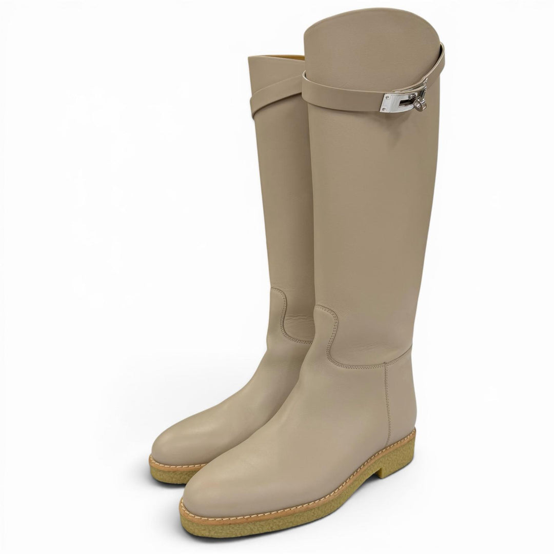 Pristine HERMES Knee-high boots Faustin Kelly Buckle Leather Light beige 37