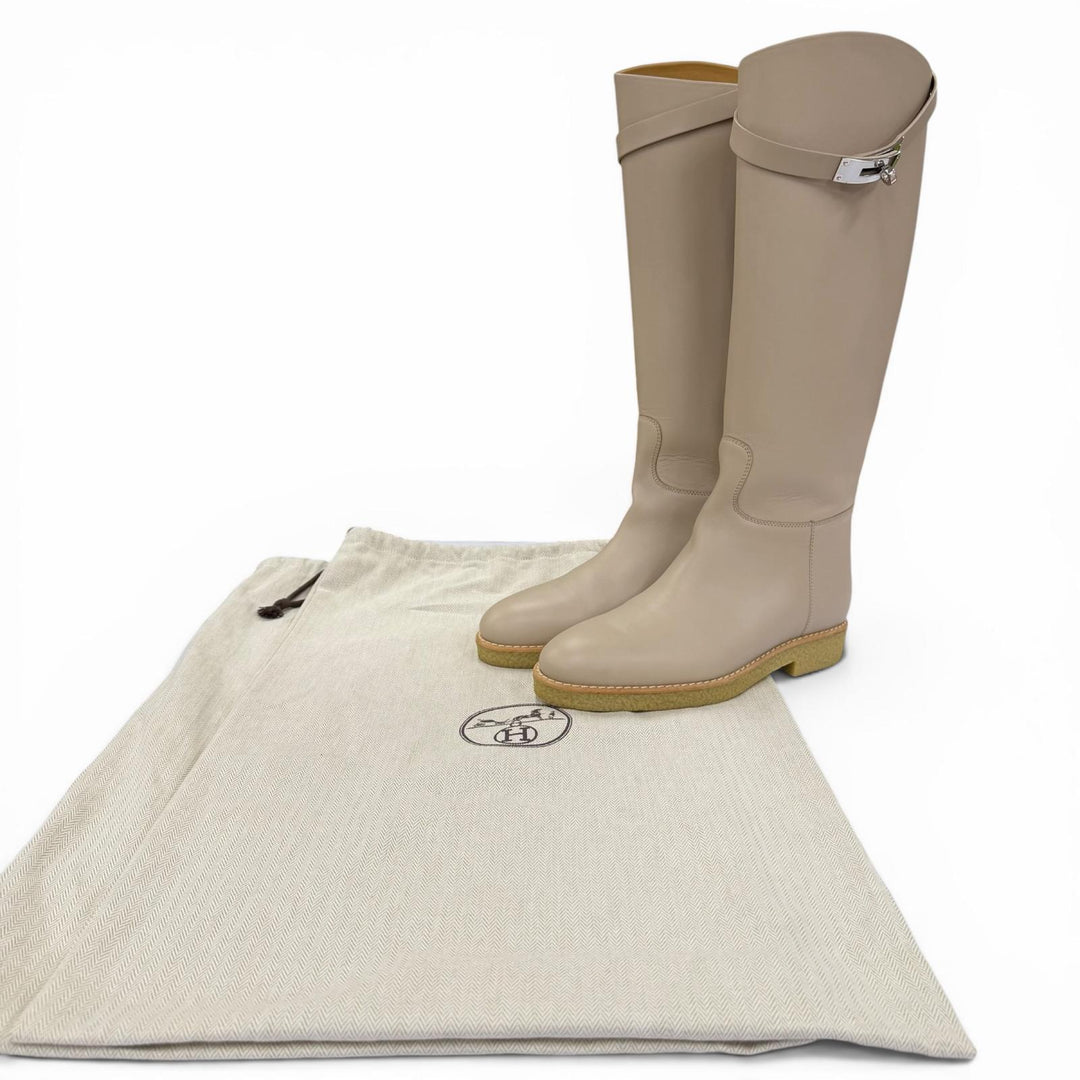 Pristine HERMES Knee-high boots Faustin Kelly Buckle Leather Light beige 37