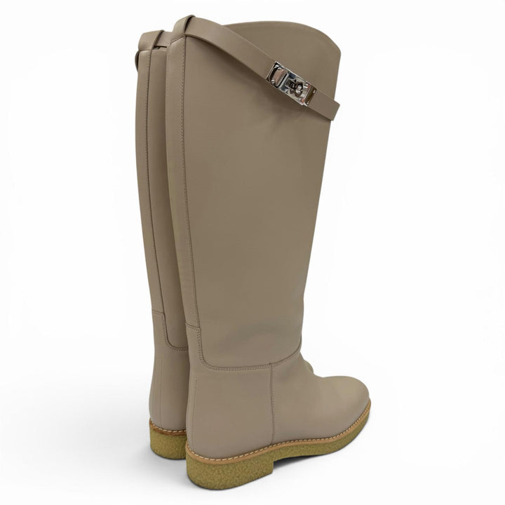 Pristine HERMES Knee-high boots Faustin Kelly Buckle Leather Light beige 37