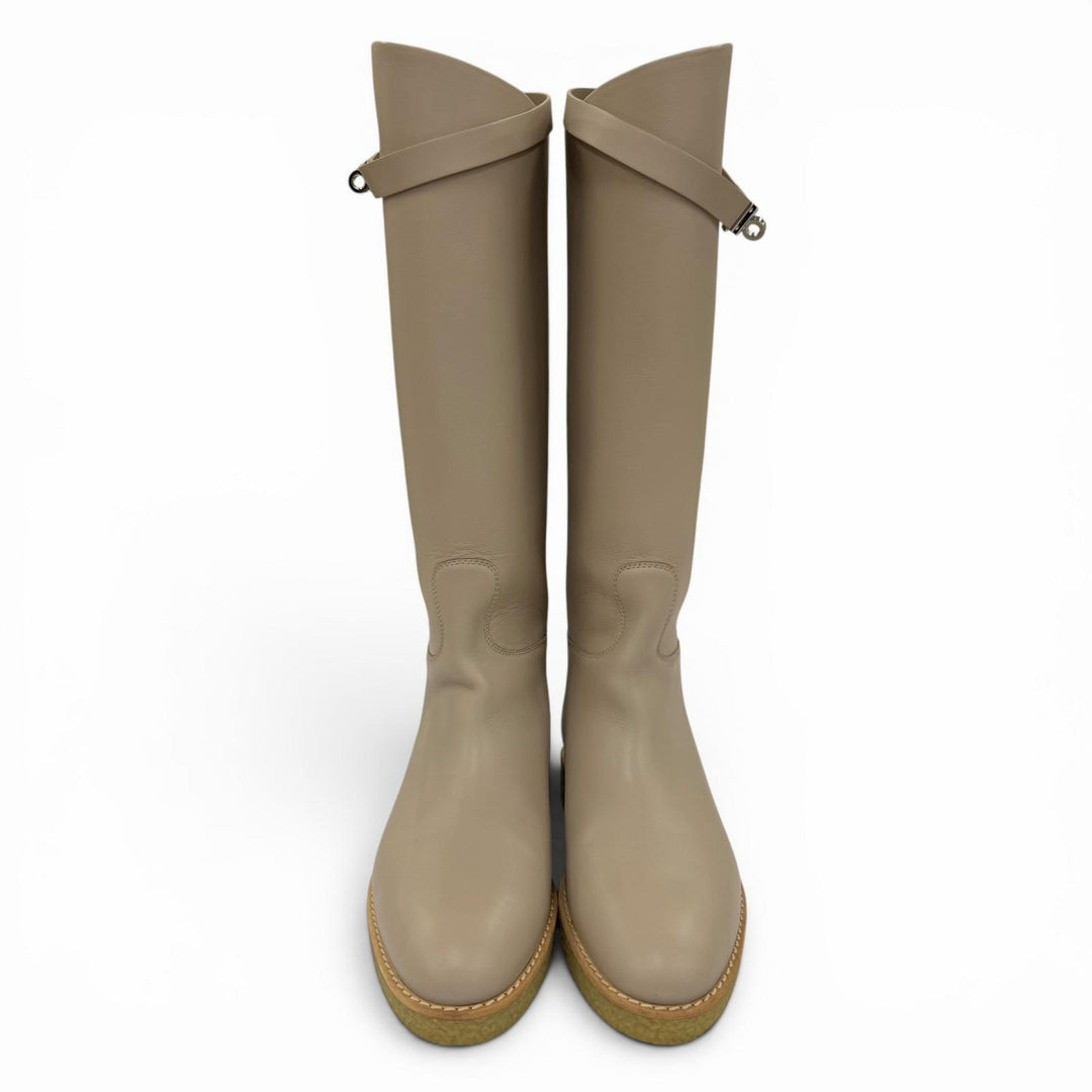 Pristine HERMES Knee-high boots Faustin Kelly Buckle Leather Light beige 37