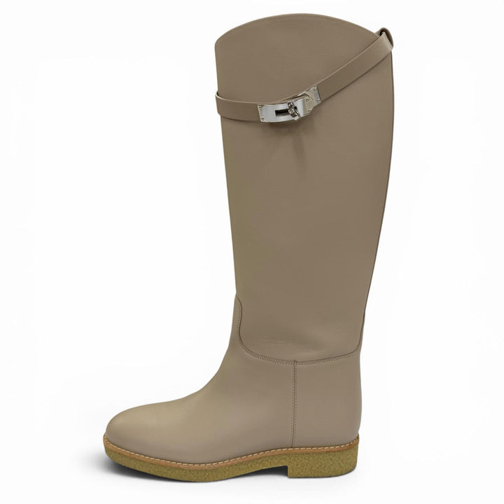 Pristine HERMES Knee-high boots Faustin Kelly Buckle Leather Light beige 37