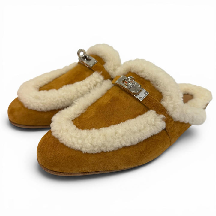 Pristine HERMES Mule Oz Kelly buckle sheepskin Brown Sheepskin Leather 37.5
