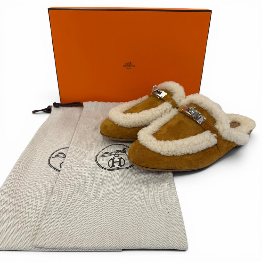 Pristine HERMES Mule Oz Kelly buckle sheepskin Brown Sheepskin Leather 37.5