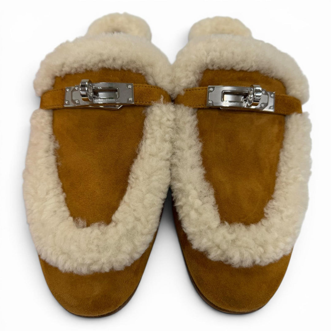 Pristine HERMES Mule Oz Kelly buckle sheepskin Brown Sheepskin Leather 37.5