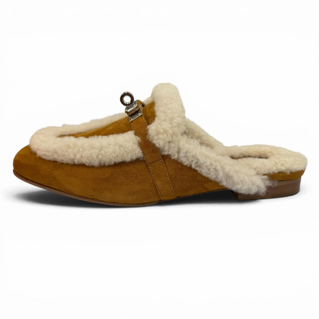 Pristine HERMES Mule Oz Kelly buckle sheepskin Brown Sheepskin Leather 37.5