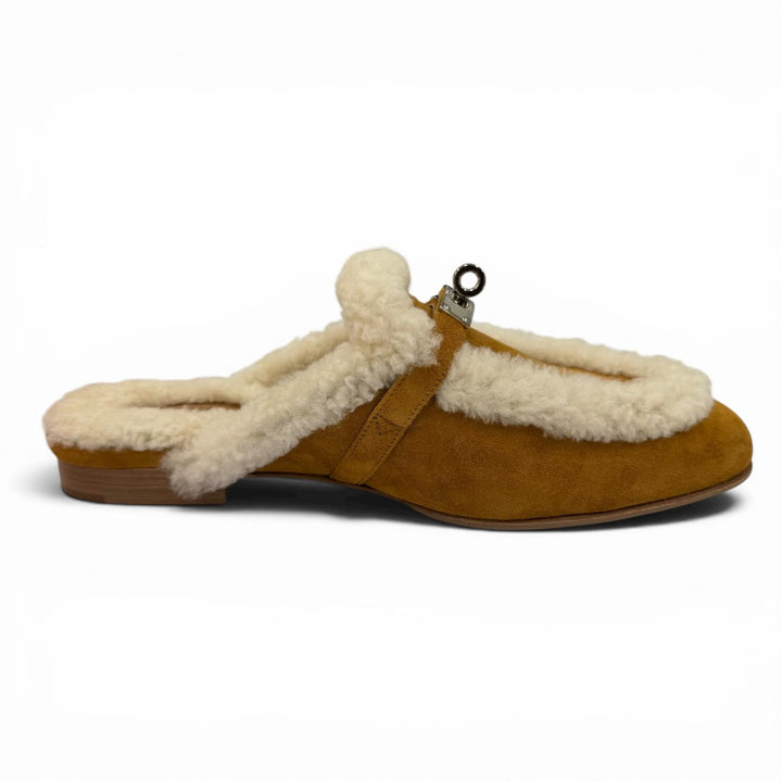 Pristine HERMES Mule Oz Kelly buckle sheepskin Brown Sheepskin Leather 37.5